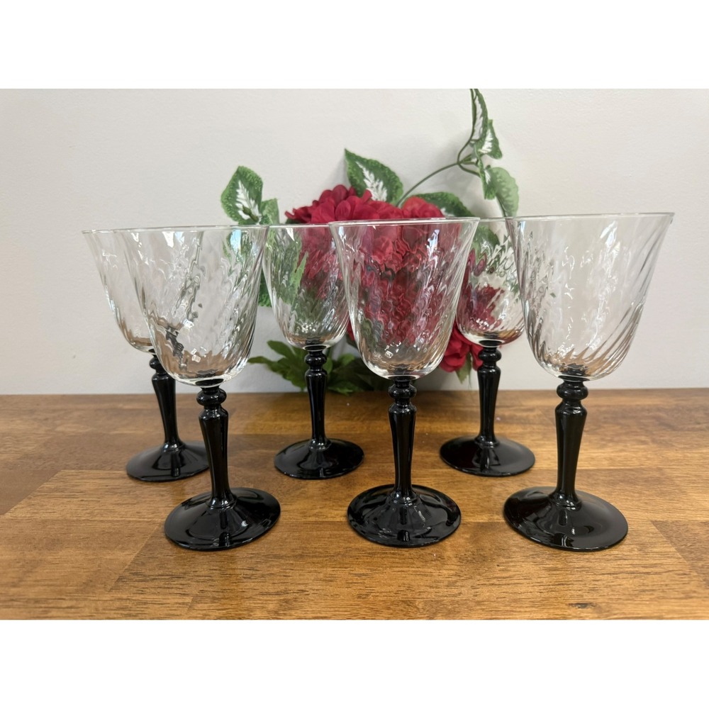 Luminarc France Black Stemmed‎ Swirl Wine Glasses Vintage MCM Barware Set Party